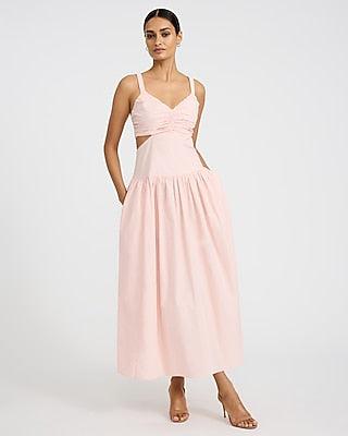 Express Women's Cotton Poplin Cutout Drop Waist Smocked Back Maxi Dress With Pockets in Pale Pink