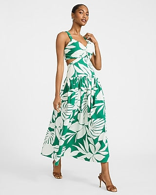 Express Women's Cotton Poplin Floral Cutout Drop Waist Smocked Back Maxi Dress With Pockets in Green Print