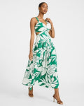 Express Women's Cotton Poplin Floral Cutout Drop Waist Smocked Back Maxi Dress With Pockets in Green Small
