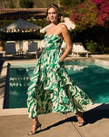 Express Women's Summer-Blend Linen Printed Strapless Tiered Maxi Dress With Pockets in Green Print