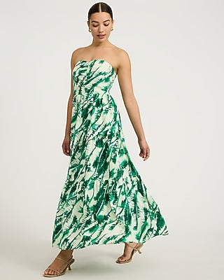 Express Women's Summer-Blend Linen Printed Strapless Tiered Maxi Dress With Pockets in Green Small