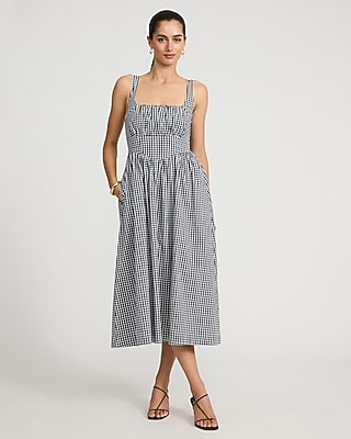 Express Women's Gingham Basque Waist Smocked Back Midi Dress With Pockets in B&w Print