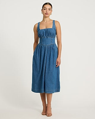 Express Women's Denim Basque Waist Smocked Back Midi Dress With Pockets in Blue Small