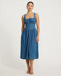 Express Women's Denim Basque Waist Smocked Back Midi Dress With Pockets in Medium Wash