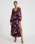 Express Women's Floral Chiffon V-Neck Long Sleeve Cutout Maxi Dress in Pink Print