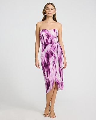 Express Women's Satin Printed Strapless Wrap Tie Midi Dress in Purple Print