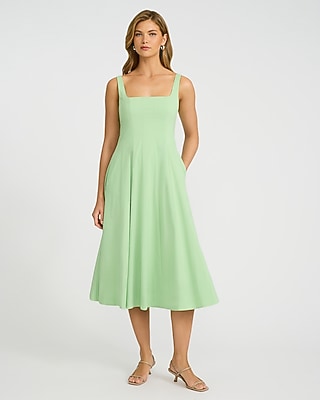 Express Women's Square Neck Seamed Smocked Back Midi Dress With Pockets in Mint