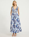Express Women's Cotton Poplin Printed Tie Strap Smocked Waist Maxi Dress With Pockets in Blue Print