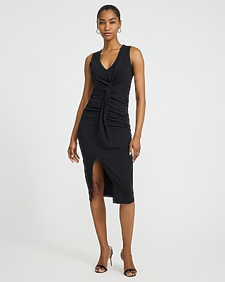 Express Women's Stretch Poplin V-Neck Ruched Twist Front Midi Dress in Black Small