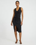 Express Women's Stretch Poplin V-Neck Ruched Twist Front Midi Dress in Pitch Black