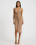 Express Women's Stretch Poplin V-Neck Ruched Twist Front Midi Dress in Neutral Small