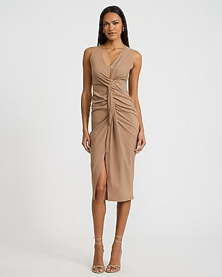 Express Women's Stretch Poplin V-Neck Ruched Twist Front Midi Dress in Neutral Small