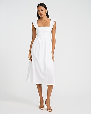Express Women's Poplin Square Neck Flutter Sleeve Lace-Up Back Midi Dress in White Small