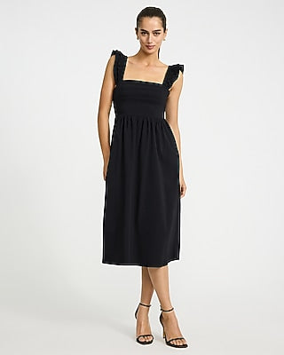 Express Women's Poplin Square Neck Flutter Sleeve Lace-Up Back Midi Dress in Black Small
