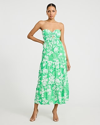 Express Women's Floral Strapless Sweetheart Twist Front Tiered Maxi Dress in Green Small