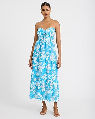 Express Women's Floral Strapless Sweetheart Twist Front Tiered Maxi Dress in Blue Small