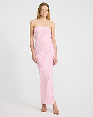 Express Women's Ruffle Strapless Side Slit Maxi Dress in Pink Small