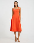Express Women's Poplin Tie Halter Square Neck Seamed Midi Dress With Pockets in Orange Small