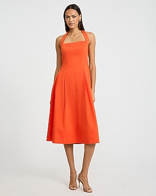 Express Women's Poplin Tie Halter Square Neck Seamed Midi Dress With Pockets in Orange Small