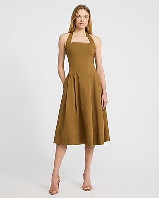 Express Women's Poplin Tie Halter Square Neck Seamed Midi Dress With Pockets in Brown Small