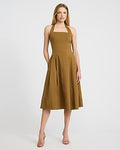 Express Women's Poplin Tie Halter Square Neck Seamed Midi Dress With Pockets in Tobacco