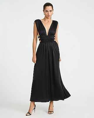 Express Women's Satin V-Neck Sleeveless Strappy Ruched Cutout Maxi Dress in Black Small