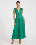 Express Women's Satin V-Neck Sleeveless Strappy Ruched Cutout Maxi Dress in Emerald