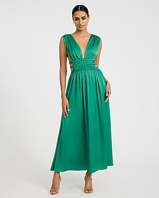 Express Women's Satin V-Neck Sleeveless Strappy Ruched Cutout Maxi Dress in Emerald
