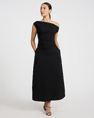 Express Women's Stretch Cotton Poplin One Shoulder Pleated Maxi Dress With Pockets in Black Small