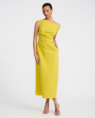 Express Women's Stretch Cotton Poplin One Shoulder Pleated Maxi Dress With Pockets in Yellow Small