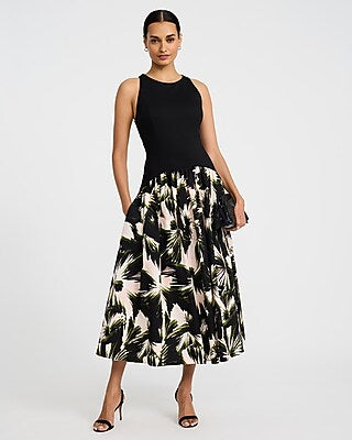 Express Women's Floral Print Mixed Media Crew Neck Drop Waist Maxi Dress With Pockets Small