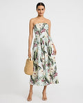 Express Women's Cotton Poplin Floral Strapless Dipped Waist Midi Dress With Pockets Small