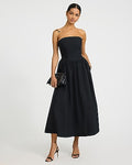 Express Women's Cotton Poplin Strapless Dipped Waist Midi Dress With Pockets in Pitch Black