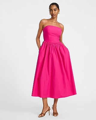 Express Women's Cotton Poplin Strapless Dipped Waist Midi Dress With Pockets in Pink Small