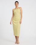 Express Women's Linen-Blend Gingham Ruched Smocked Back Midi Dress in Green Print