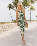 Express Women's Summer-Blend Linen Printed Square Neck Ruched Smocked Back Midi Dress in Green Small