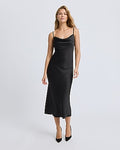 Express Women's Satin Cowl Neck Lace Maxi Slip Dress in Pitch Black