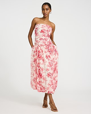 Express Women's Floral Strapless Ruched Drop Waist Bubble Hem Maxi Dress With Pockets in Red Small