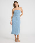 Express Women's Stretch Denim Strapless Zip Front Smocked Midi Dress With Pockets in Blue Small