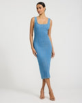 Express Women's Stretch Denim Scoop Neck Seamed Midi Dress in Blue Small
