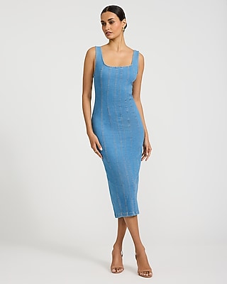 Express Women's Stretch Denim Scoop Neck Seamed Midi Dress in Light Wash