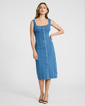 Express Women's Stretch Denim Scoop Neck Button Front Seamed Midi Dress in Blue Small