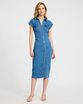 Express Women's Stretch Denim Cap Sleeve Button Front Midi Dress in Blue Small