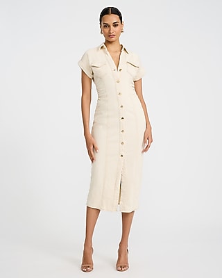 Express Women's Stretch Denim Cap Sleeve Button Front Midi Dress in Cream