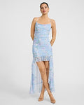 Express Women's Floral Mesh Scoop Neck Ruffle High-Low Maxi Dress in Multi