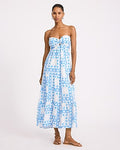 Express Women's Printed Strapless Twist Front Strappy Maxi Dress in Blue Print