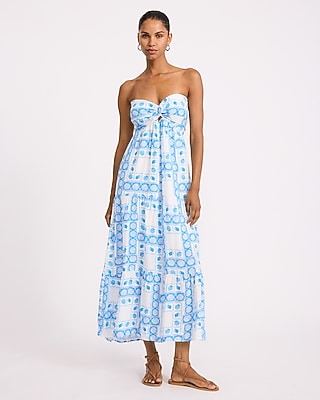 Express Women's Printed Strapless Twist Front Strappy Maxi Dress in Blue Print
