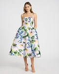 Express Women's Floral Satin Sweetheart Basque Waist Midi Fit And Flare Dress With Pockets 0