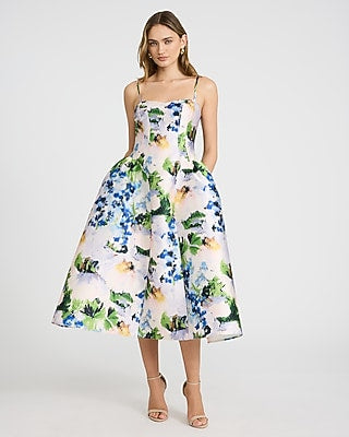 Express Women's Floral Satin Sweetheart Basque Waist Midi Fit And Flare Dress With Pockets in Multi