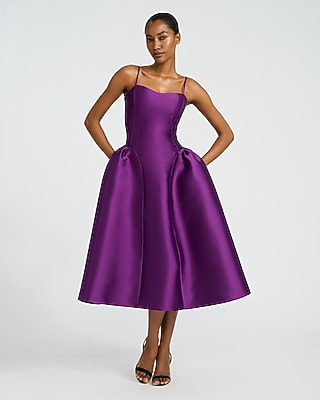 Express Women's Satin Sweetheart Basque Waist Midi Fit And Flare Dress With Pockets in Deep Purple